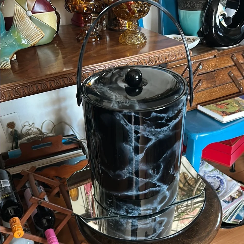 Vintage Black MARBLE ICE BUCKET